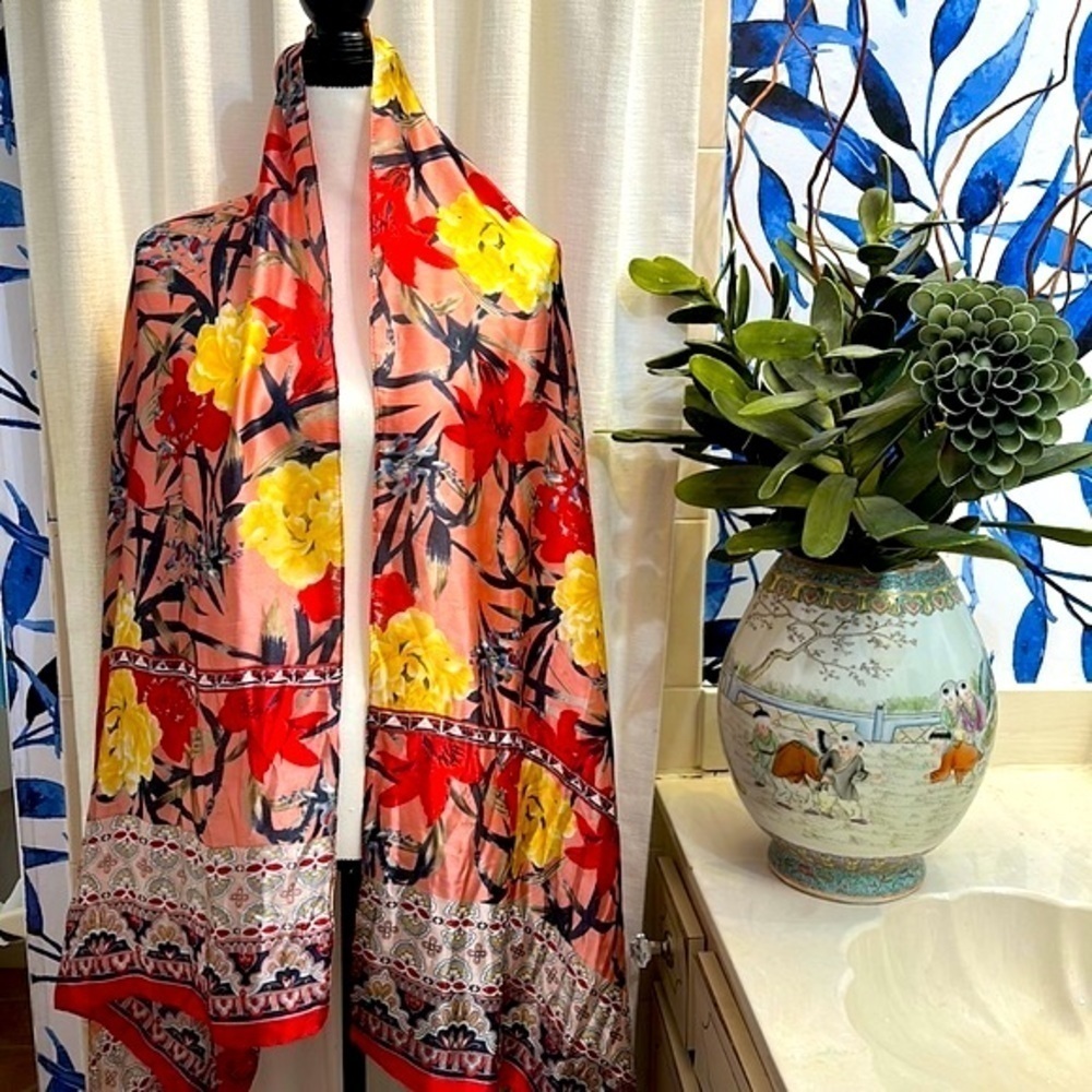 NWOT Pretty Persuasions Red and Yellow Floral Shawl Scarf Cover Up One Size